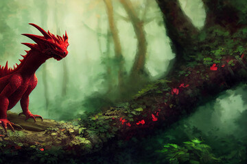 Red dragon in the forest Generative AI