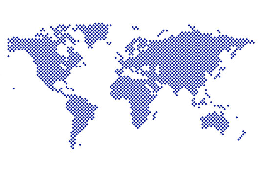 Flat dot wold map with continent silhouettes. Global dot word map outline on transparent background.