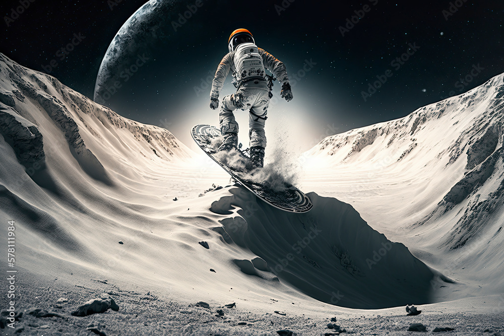 Wall mural dramatic astronaut snowboarding on the moon with earth in background created with generative ai tech