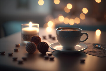 Cup of coffee and candies on table in room with lights. . Artistic blur. Bokeh . Generative AI technology.