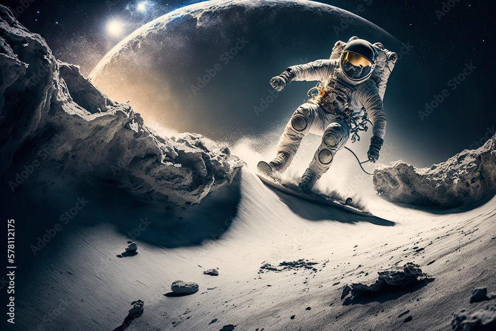 Wall mural dramatic astronaut snowboarding on the moon with earth in background created with generative ai tech