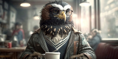 Portrait of an eagle wearing glasses sitting at a cafe with a cup of coffee, generative ai