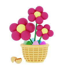 3d Bouquet of flowers and Easter basket 3D rendering illustration