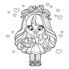 Cute cartoon longhaired girl with fresh fruit in a bowl in hands outlined for coloring page on a white background