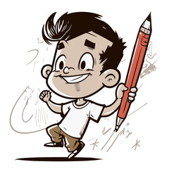 Young boy holds a pencil in his hand and draws. Smiling boy, writes and draws, preschool or elementary school age. Vector illustration for children.