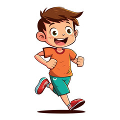 Young boy is running. Smiling boy running, playing sports, preschool or elementary school age. Vector illustration for children.
