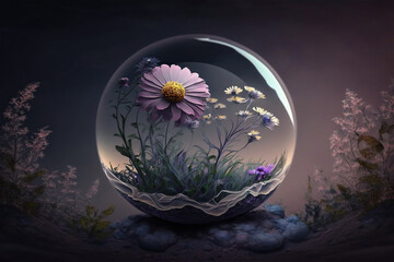 The glass bowl holds flowers inside. Lavender color scene. Generative AI.