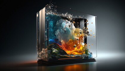 glass transparent box aquarium with abstract content, generated by AI