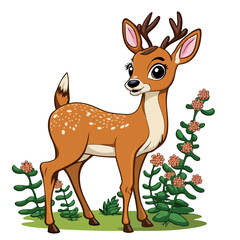 Young cute deer. Baby deer. Vector graphics. Illustration for children. Smiling nice animal.