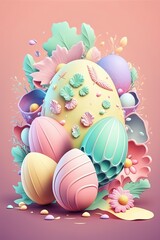 Fototapeta na wymiar Floral Easter eggs composition, template header. 3d design elements. Spring break - Generative AI