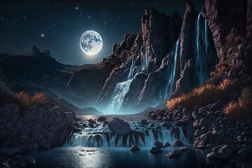 Moon over the mountain waterfall landscape photo