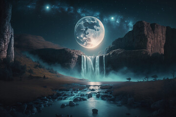 Moon over the mountain waterfall landscape background photo