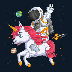 Hand drawn astronaut in spacesuit riding a cute Unicorn horse on space over space rocket and planets