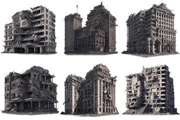 collection of ruined buildings, post-apocalyptic urban structures isolated on white background, generative ai