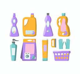 Fototapeta premium Washing household laundry and cleaning products. Packages and bottles with household chemicals. Vector graphics, background isolated.