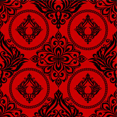 seamless graphic pattern, tile with abstract geometric black ornament on red background, texture, design