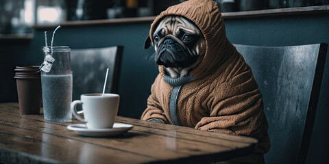 Portrait of a pug sitting at a cafe with a cup of coffee, generative ai	