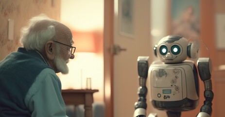 Roboter im Pflegeheim oder Altersheim im Einsatz. Stolze Bewohner zeigen Ihren Roboter. Generativ KI