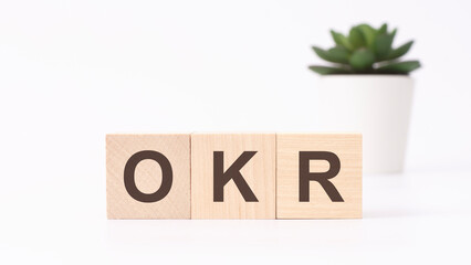 OKR - Objectives and Key Results - acronym on wooden cubes on white background. business concept © Maks_Lab