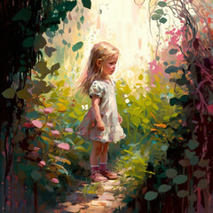 little girl playing in a garden full of plants and flowers oil painting illustration Generative Ai