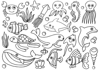 Sea underwater animals set to be colored, the big coloring book for preschool kids with easy educational gaming level.