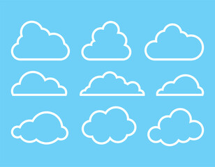 Set of White Cloud Icons in trendy line art, outline style isolated on blue background. Cloud symbol for your web site design, logo, app. Vector illustration
