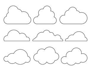 Set of White Cloud Icons in trendy line art, outline style isolated on white background. Cloud symbol for your web site design, logo, app. Vector illustration