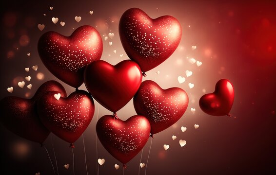 Rote Luftballon-Herzen mit weiteren leuchtenden und schimmernden Herzen. Ideal als Grußkarte zum Valentinstag oder Muttertag. Symbol für die Liebe. Generativ KI