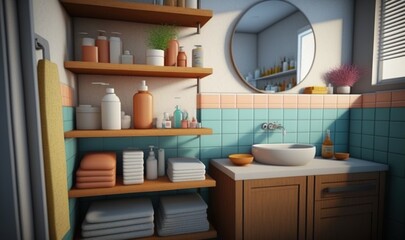 Fototapeta na wymiar a bathroom with a sink, shelves, and a mirror. generative ai