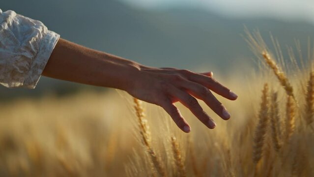 Close up slow motion of woman hand touching a spikelet of wheat in the middle of the golden ripen field. Ripe harvest time. selective focus