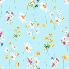 Wildflowers seamless pattern, digital paper. Wildflowers floral arrangement clipart.
 Stock illustration. Hand painted in watercolor.