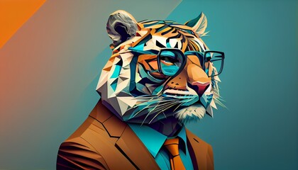 Fashion tiger in color suit with sunglasses on a solid color background, vector art, digital art, faceted, minimal, abstract, geometric. Generative AI.















