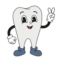 Groovy tooth in old classic cartoon style. Flat vector illustration. For card, poster, stickers.