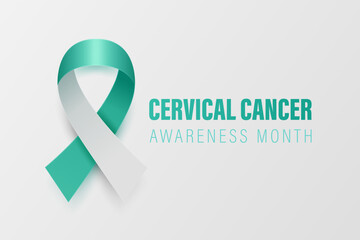 Cervical Cancer Banner, Card, Placard with Vector 3d Realistic Teal and White Ribbon on White Background. Cervical Cancer Awareness Month Symbol Closeup. World Cervical Cancer Day Concept