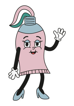 Groovy toothpaste girl in old classic cartoon style. Flat vector illustration. For card, poster, stickers.