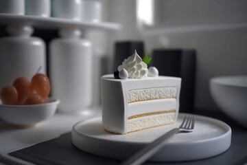 wedding cake, macro lens, white kitchen background, blured background. Generative AI