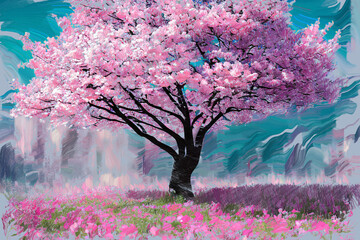 Picturesque bright spring landscape with single japanese pink sakura cherry tree in full blossom. My own digital art painting illustration for spring season.