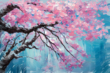 Expressive colorful painting sketch of lush blooming japanese pink sakura cherry tree branch in full blossom. My own digital art illustration for spring season.