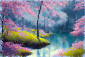 Serene picturesque spring landscape with lush blooming japanese pink sakura cherry trees in full blossom over calm lake water. My own digital art painting illustration.