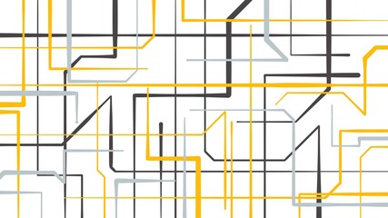 Abstract minimal background, contemporary art, crossing lines, black and white, color accent, tubes, industrial theme, change direction, transprent, copy space, white canvas, yellow contrast