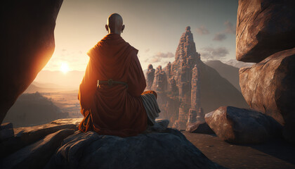 Fototapeta na wymiar Buddhist monk meditating while sitting on a rock created with generative AI technology