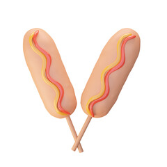 3d illustration Transparency png of 2 crossed stick Korean street food called Corn-dogs, Korean fried hot dogs, and Corn-dog sticks with cheesy cheese inside. 