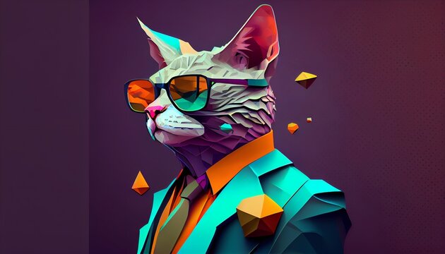 Fashion cat in color suit with sunglasses on a solid color background, vector art, digital art, faceted, minimal, abstract, geometric. Generative AI.