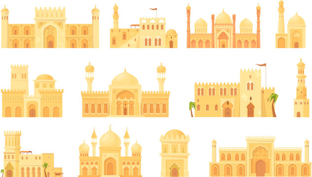 Arabic stone houses. Ancient dubai building, traditional islam architecture ornament old morocco palais arabian heritage mud stall in africa desert, set neat vector illustration