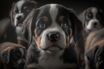 Cute puppy on a dark background. National puppy day concept. AI generation