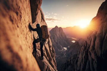 Young man climbing wall with belay with sunrise valley on the background. AI Generation
