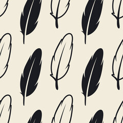 Vector Seamless Pattern with Different Black Fluffy Feather Silhouettes on White Background. Design Template of Flamingo, Angel, Bird Feathers for Wall Paper, Textile. Lightness, Freedom Concept