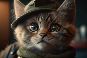 Cute cat with big eyes in a military cap close-up. AI generation