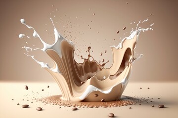 Coffee beans and milk falling into splash of coffee. AI Generation