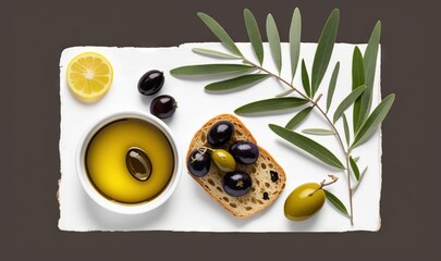  olives, bread, olive oil and olive leaves on a white plate.  generative ai